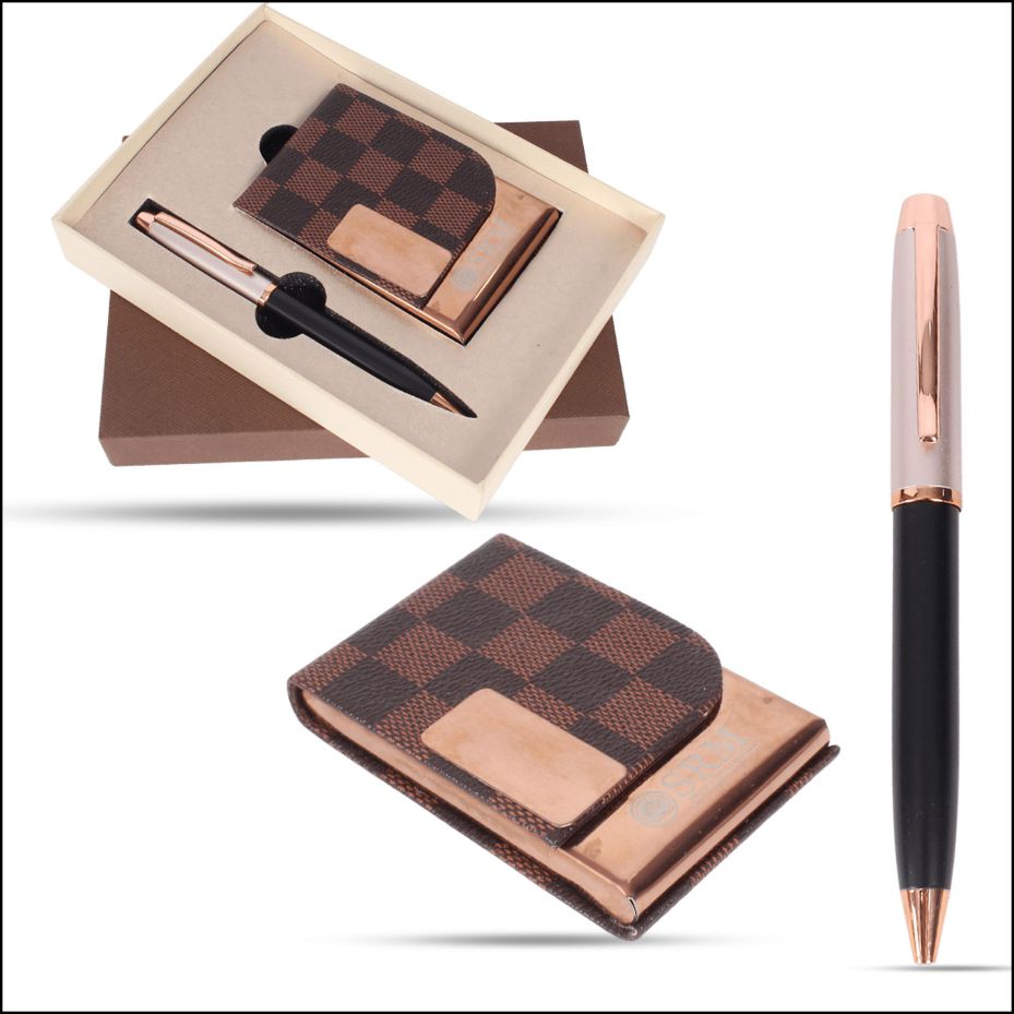 Combo Checkmate Rose Golden Visiting Card Holder + Pen