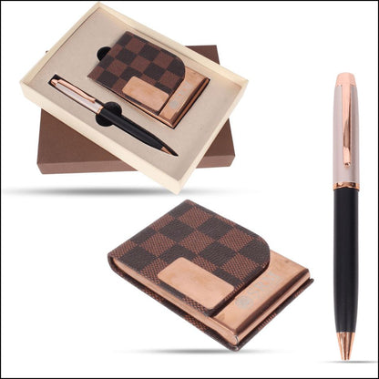 Combo Checkmate Rose Golden Visiting Card Holder + Pen