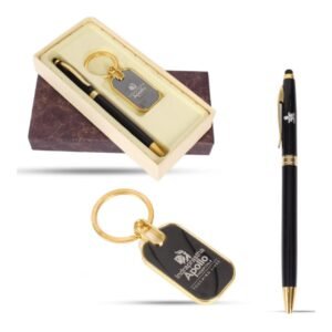 Elegant Black & Gold Gift Set – Custom Pen & Metal Keychain Combo